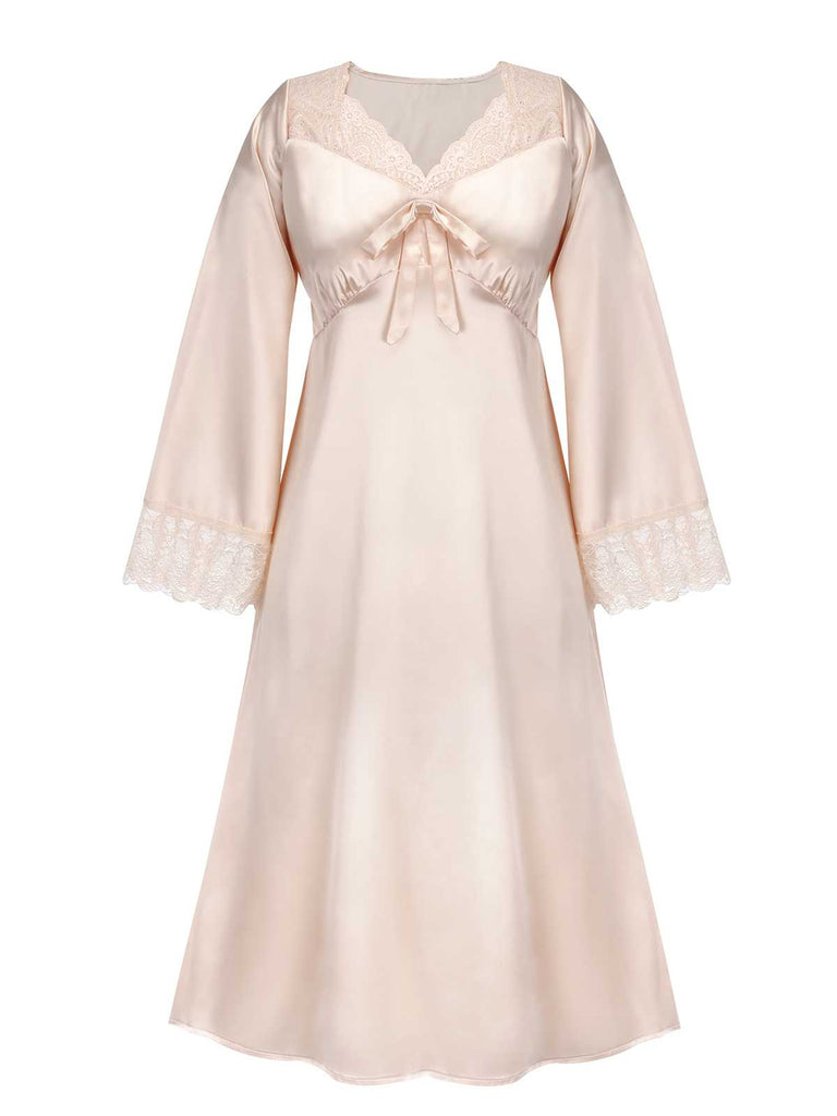 Chemise de nuit soyeuse rose à col en V et bordure en dentelle des années 1940