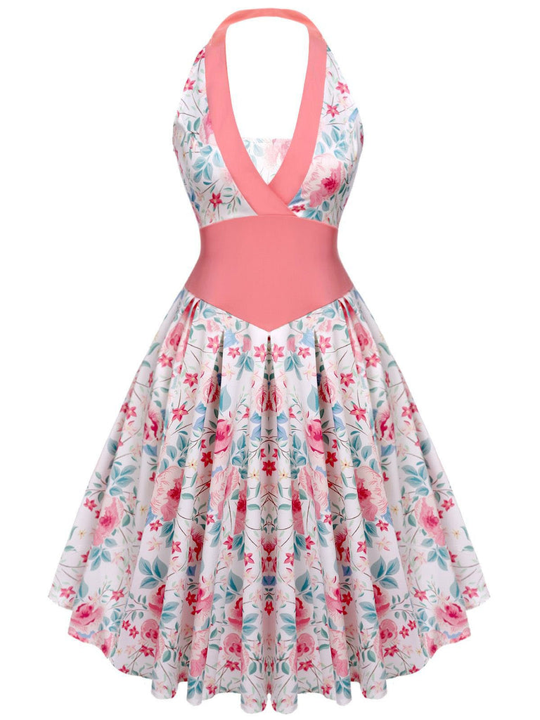 Robe Swing Vintage à Col V Années 50 Rose à Col Licou Décolleté