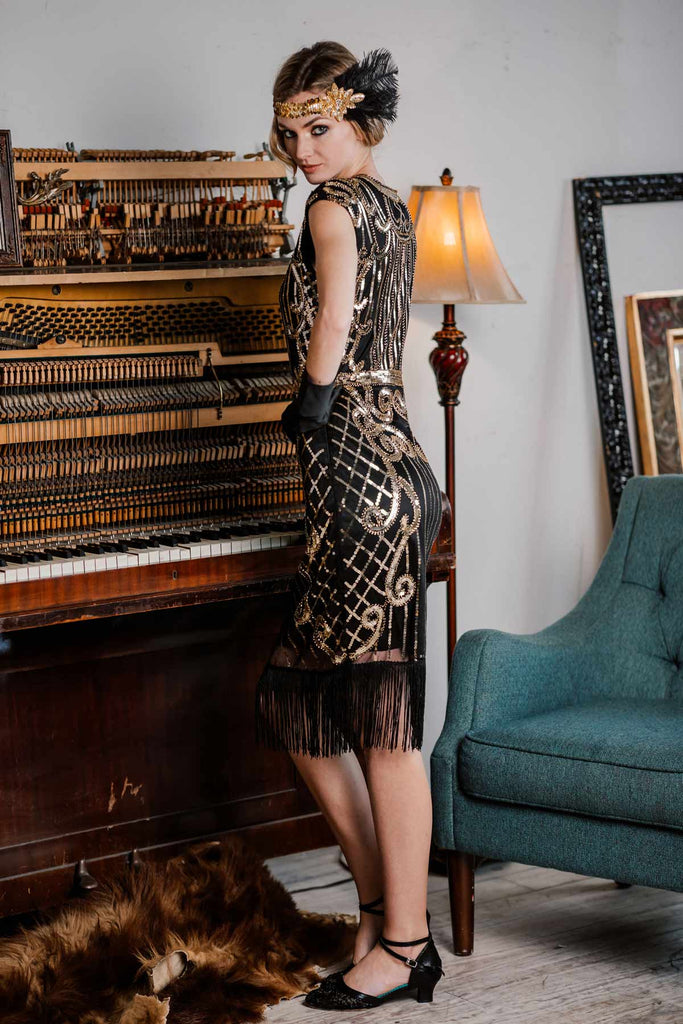 Robe Charleston Noir Cocktail Années 20 à Franges Paillettes Gatsby