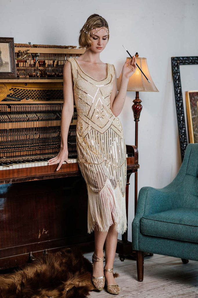 Robe de soirée Gatsby années 20 beige - Retro Verso