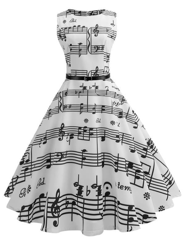 Robe Swing Année 50 Blanche avec Note Musicale