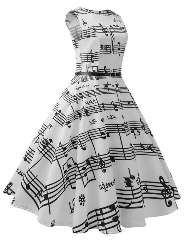 Robe Swing Année 50 Blanche avec Note Musicale