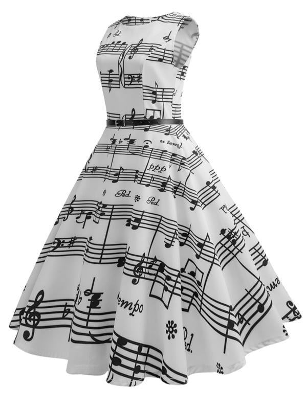 Robe Swing Année 50 Blanche avec Note Musicale